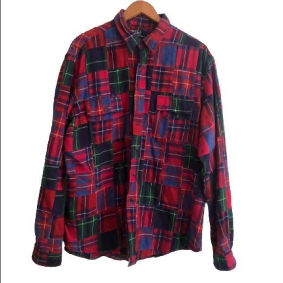 Vtg Rare Polo Ralph Lauren Patchwork Tartan Plaid Flannel Workshirt XXL 2XL - Picture 10 of 15